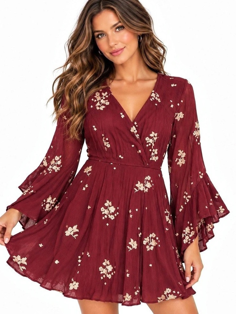Free People Kristall Mini Dress Floral Burgundy & Cream Size 10